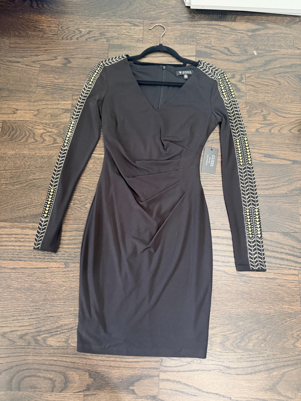 GUESS Black Long Sleeve Dress with Beaded Sleeve Trim